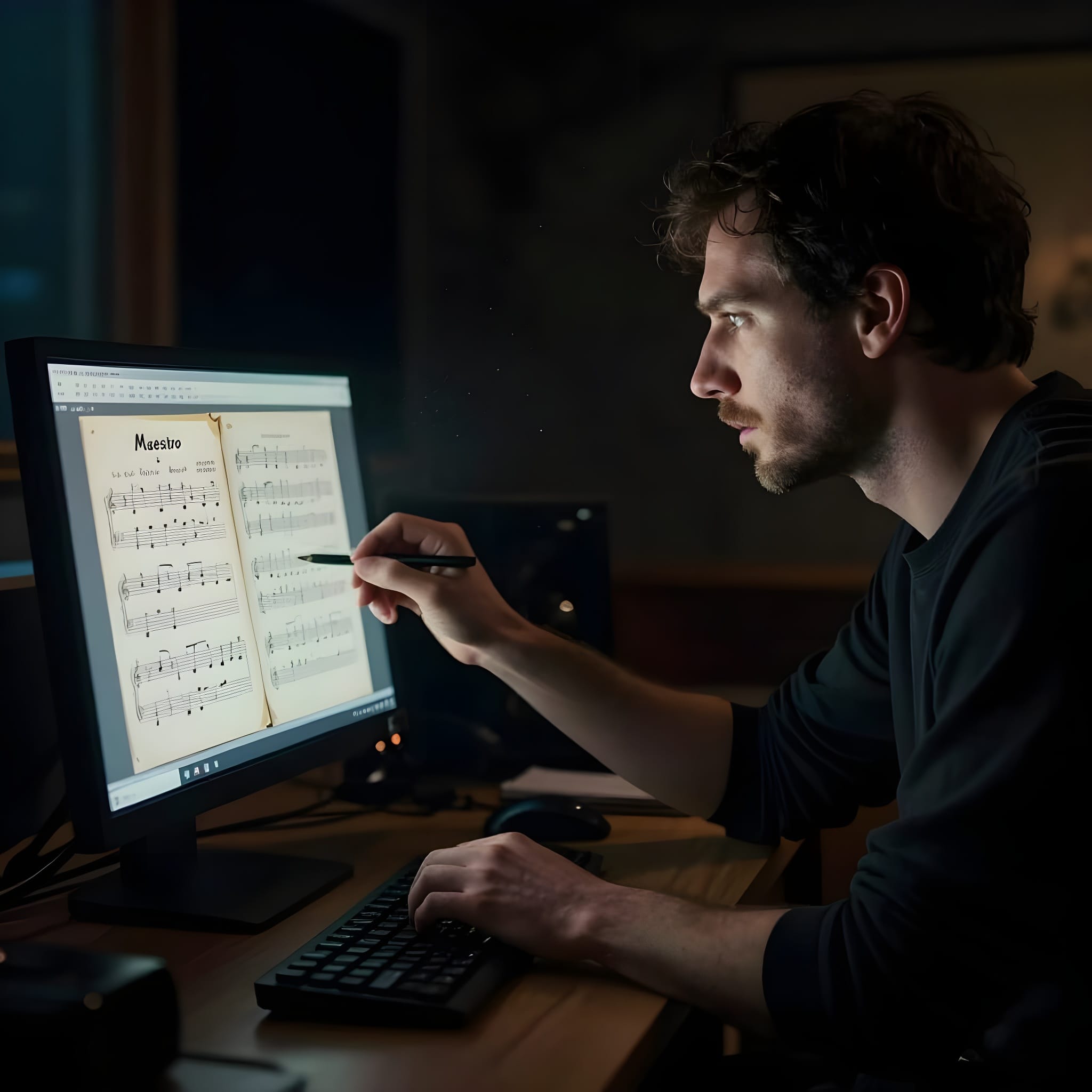 Musical director at a computer late at night